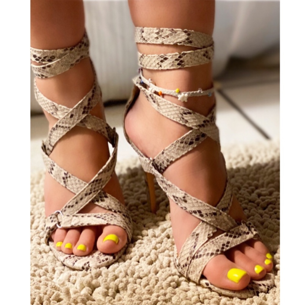 Snake-Print Lace-Up High Heel Sandals in Beige